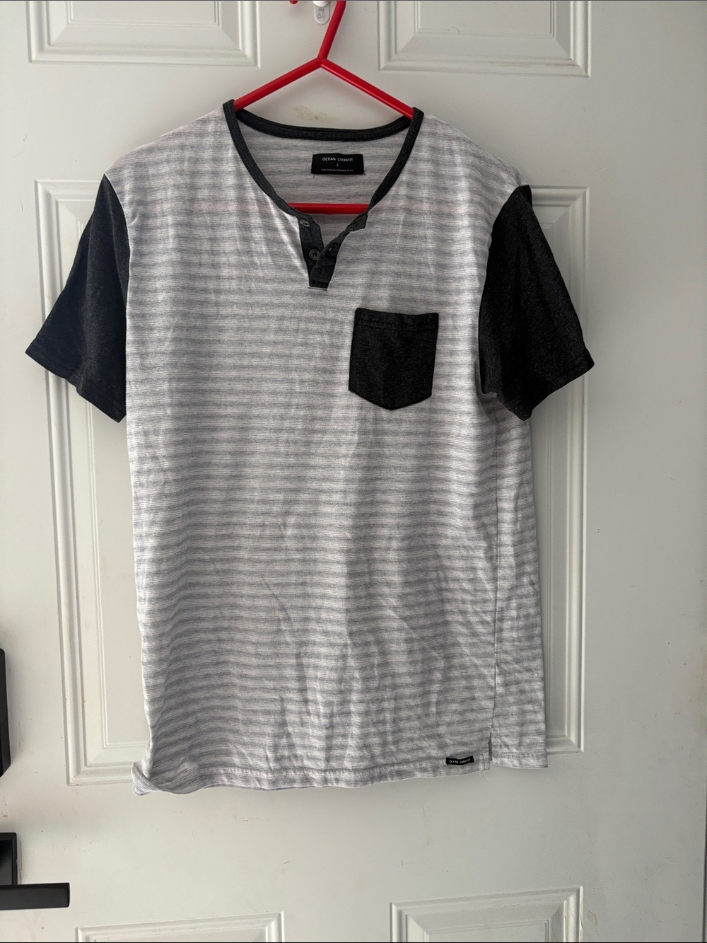 Ocean Current Striped Henley Pocket Tee - Black & Light Gray